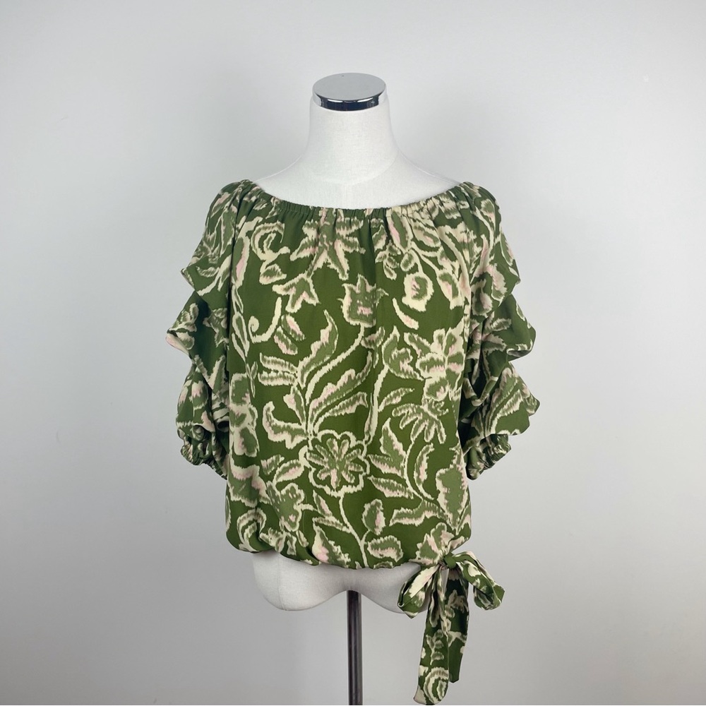 CeCe Green Blush Pink Tan Floral Ruffle Bow Tie Blouse Top Women Medium